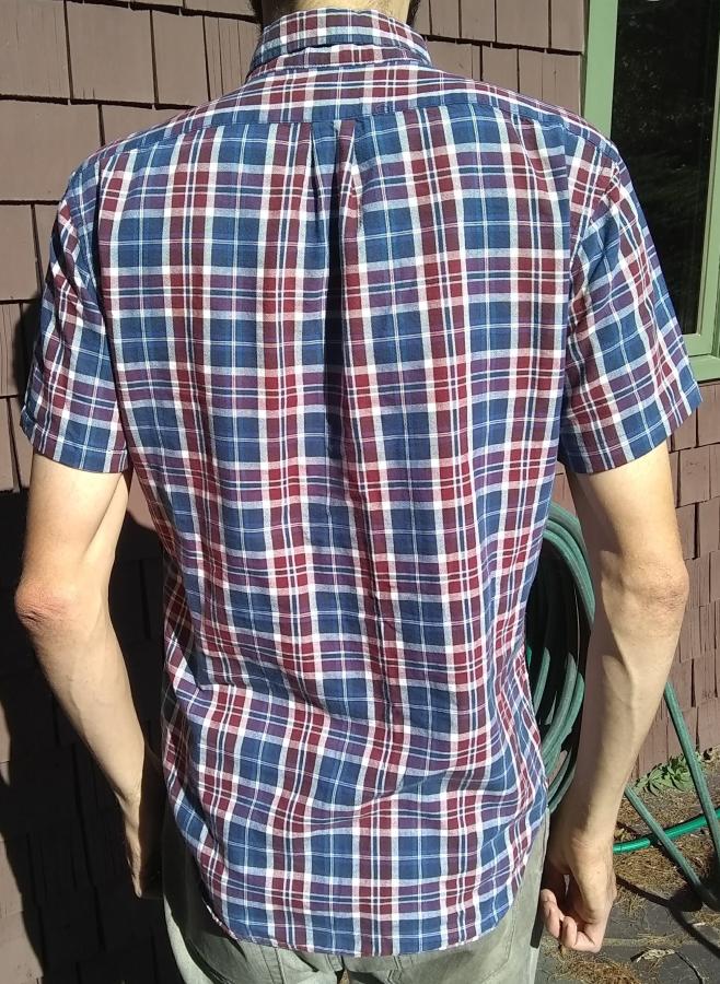 back view of short sleeve plaid shirt, worn by man