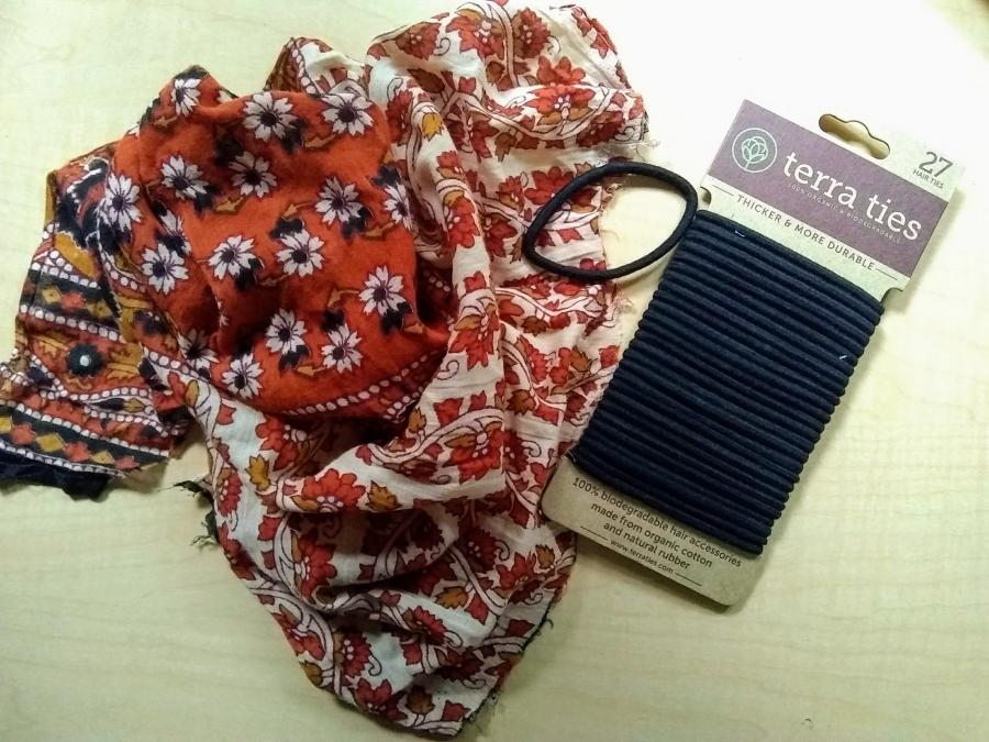 red print fabric with hair elastic and terra ties pack of hair elastics